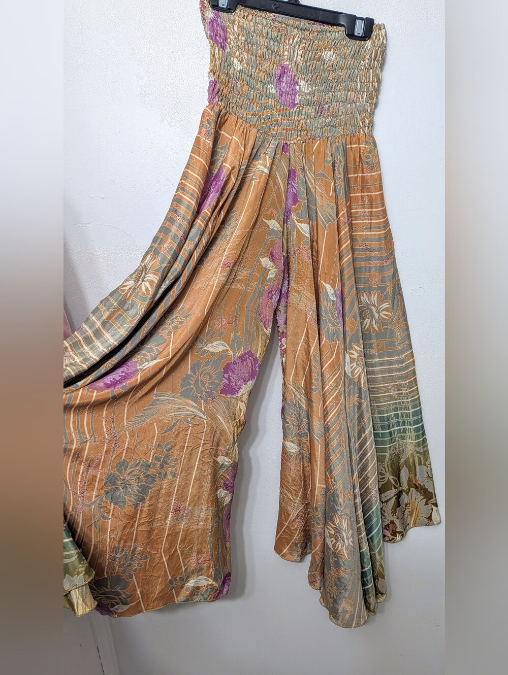 Bohemian Floral Smocked Waist Bohemian Pants -Palazzo Orange & Sage (S-M-L) Silk